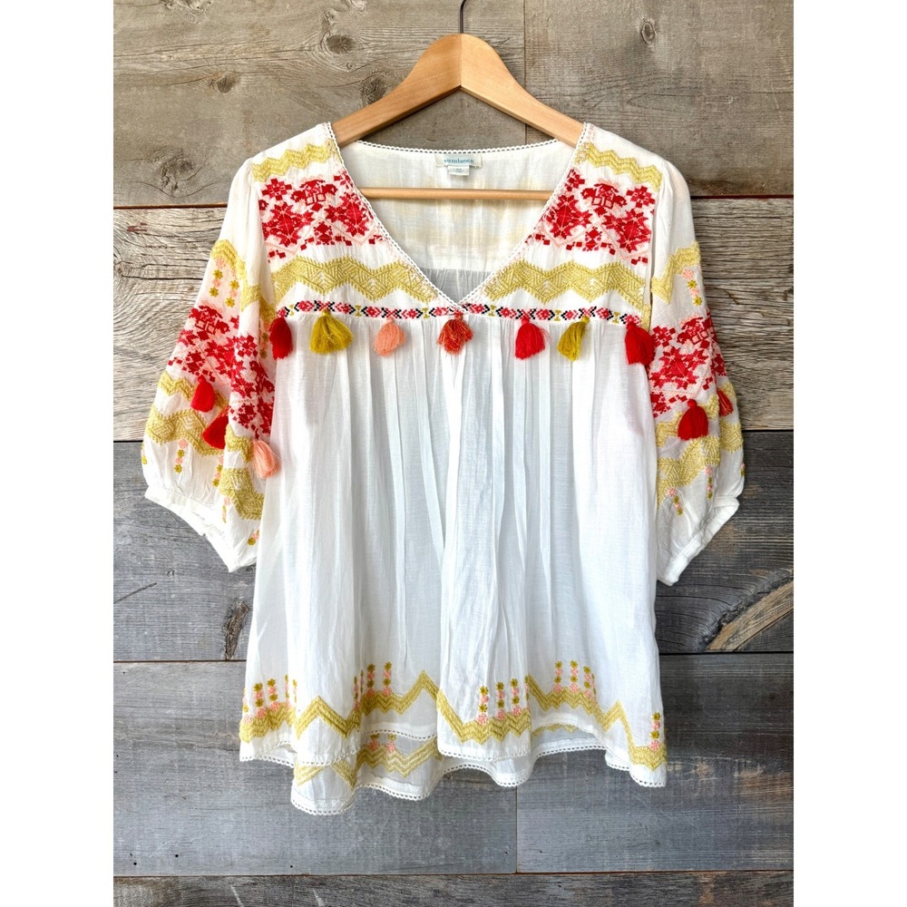 Sundance Ellora Cotton Peasant Top XS White Embroidered Tassels Boho Festival